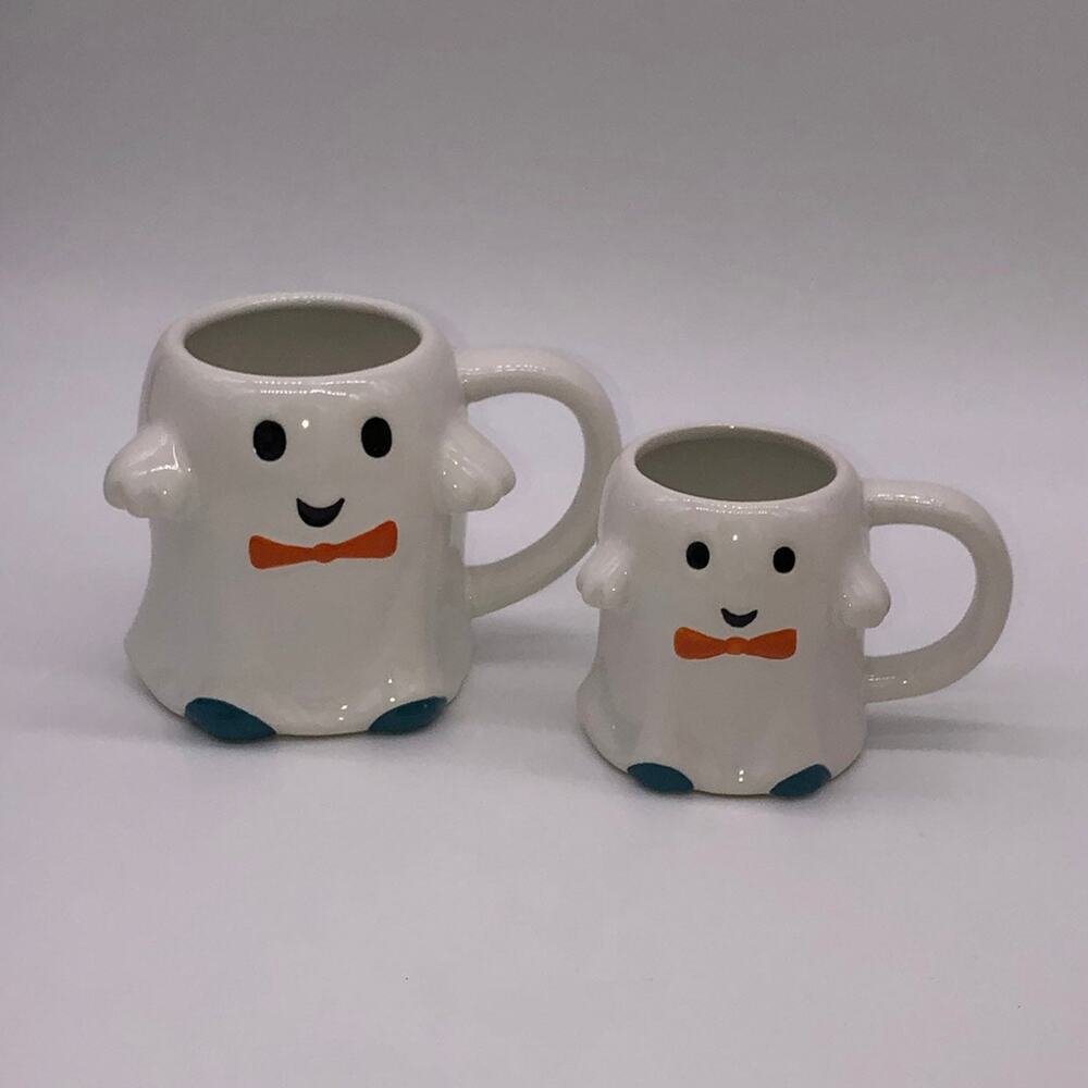 Set of 2 Hyde & Eek Halloween Ghost In Bow Tie Mugs Large & Mini Mommy & Me